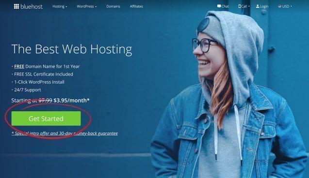 bluehost homepage green button