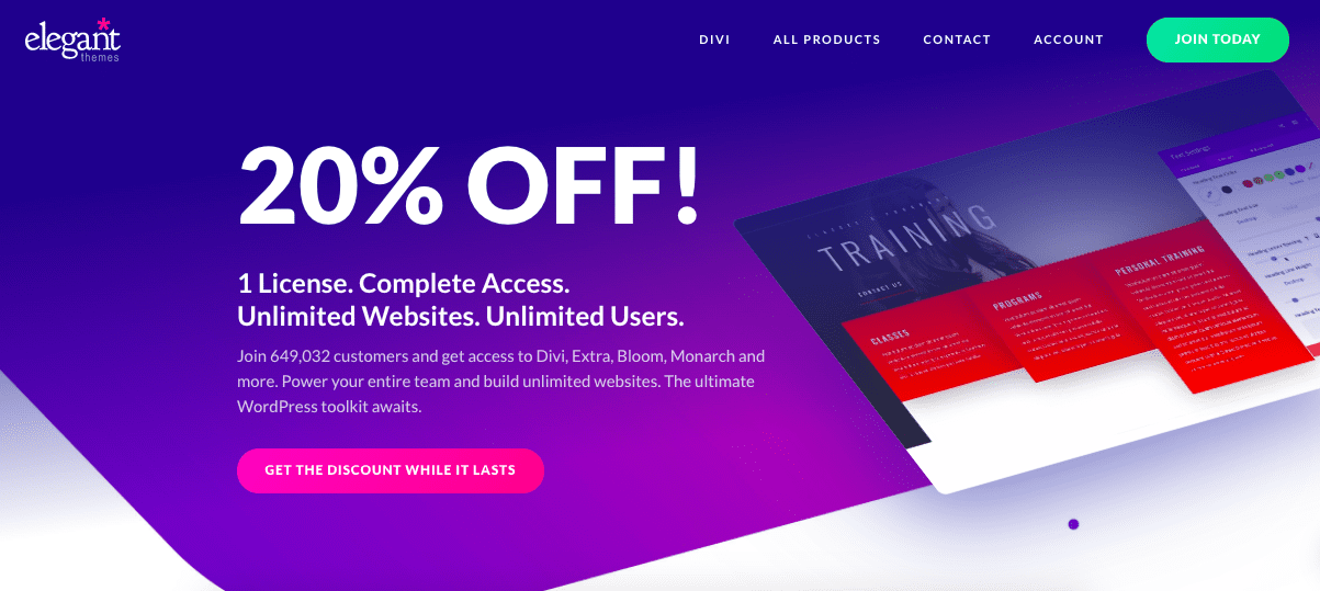 Divi discount page for 20% off